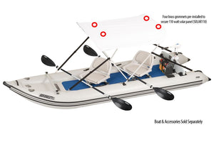 White Sea Eagle Sun & Rain Solar 110 Canopy with red grommets on a boat, featuring a folding aluminum frame.