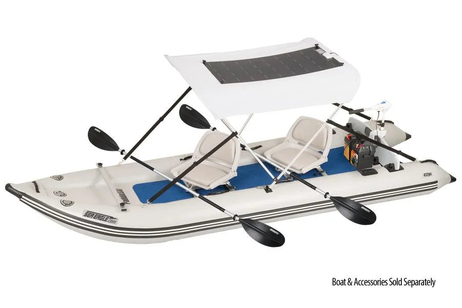 White Sea Eagle Sun & Rain Solar 110 Canopy with a solar panel on a gray inflatable boat.