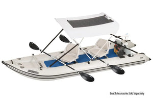 White Sea Eagle Sun & Rain Solar 110 Canopy with a solar panel on a gray inflatable boat.