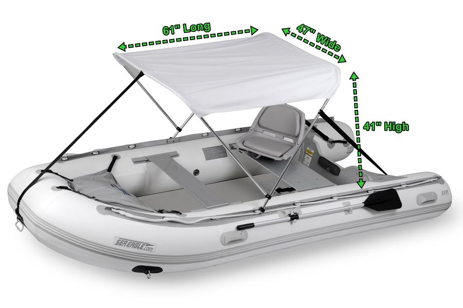White Sea Eagle Sun &amp; Rain Solar 110 Canopy on an inflatable boat, 61"L x 47"W x 41"H.