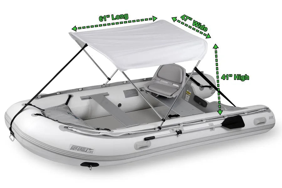 White Sea Eagle Sun & Rain Solar 110 Canopy on an inflatable boat, 61"L x 47"W x 41"H.