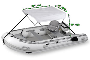 White Sea Eagle Sun & Rain Solar 110 Canopy on an inflatable boat, 61"L x 47"W x 41"H.