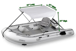 White Sea Eagle Sun & Rain Solar 110 Canopy on an inflatable boat, 61"L x 47"W x 41"H.
