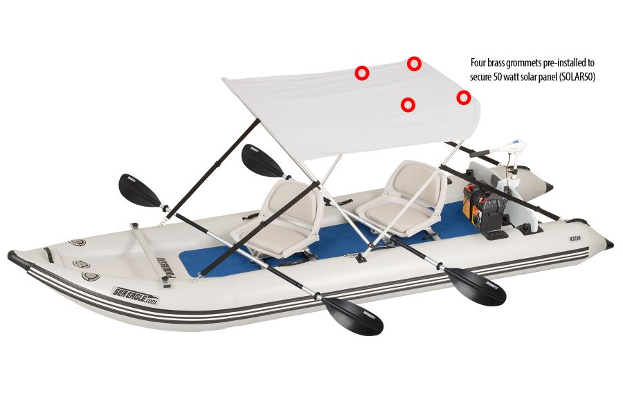 White Sea Eagle Sun &amp; Rain Solar 50 Canopy on an inflatable boat with two seats and paddles.