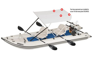 White Sea Eagle Sun & Rain Solar 50 Canopy on an inflatable boat with two seats and paddles.