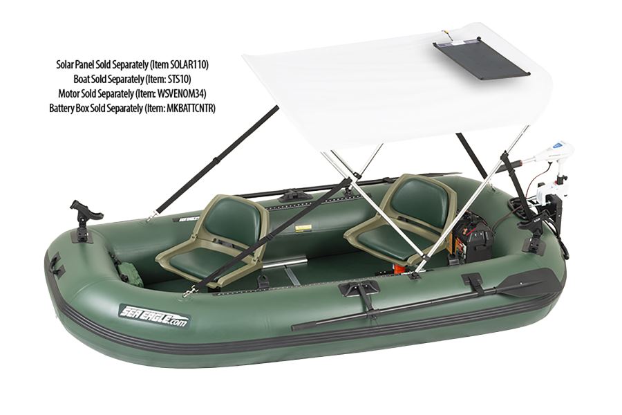 White Sea Eagle Sun &amp; Rain Solar 50 Canopy on a green inflatable boat, featuring a small solar panel.