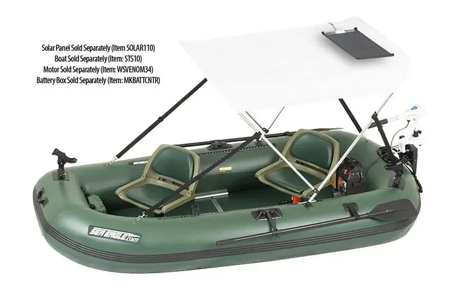 White Sea Eagle Sun & Rain Solar 50 Canopy on an inflatable boat with two seats and paddles.