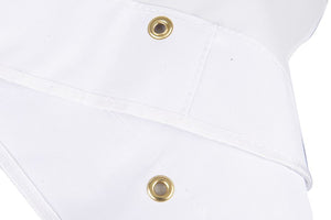 Close-up of a white PVC coated polyester canopy with two brass grommets for a 50W solar panel.