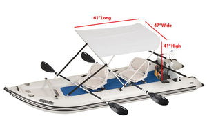 White Sea Eagle Sun & Rain Solar 50 Canopy on an inflatable boat with paddles and seats.