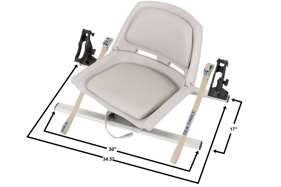 Sea Eagle Swivel Seat Fishing Rig with a light gray padded seat, aluminum frame, and two black Scotty Rod Holders.