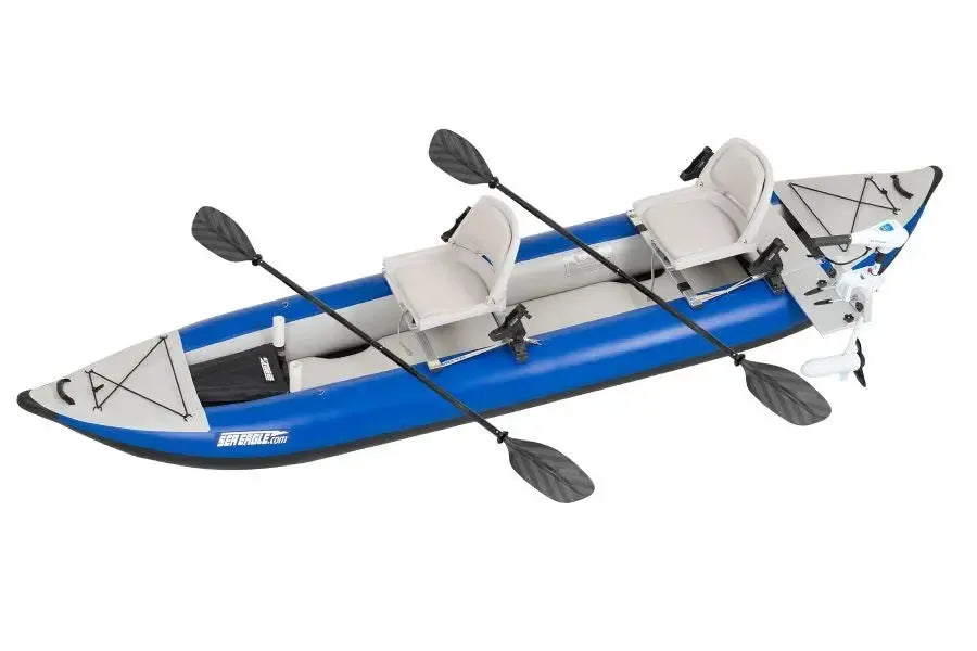 Sea Eagle Swivel Seat Fishing Rig with a light gray padded seat, aluminum frame, and two black Scotty Rod Holders.