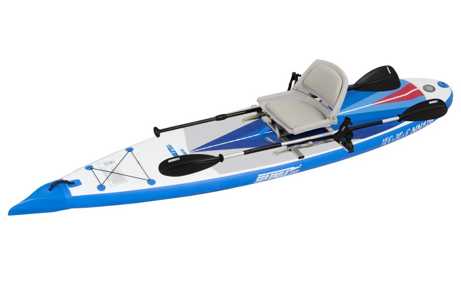 Blue and white inflatable SUP with a grey swivel seat, aluminum frame, and two black Scotty rod holders.