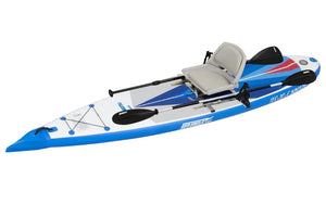 Blue and white inflatable SUP with a grey swivel seat, aluminum frame, and two black Scotty rod holders.