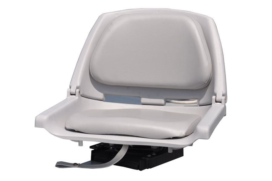 Light gray marine swivel seat with padded back and cushion, mounted on a black base.