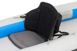 Black and gray thermal molded foam Sea Eagle Tall Back Kayak Seat with red stitching and storage bag.