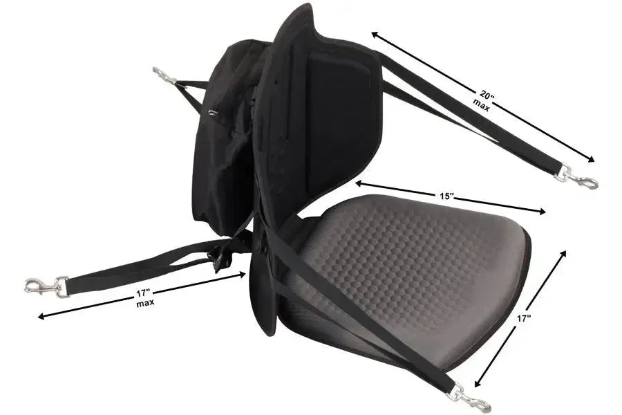 Black and gray thermal molded foam Sea Eagle Tall Back Kayak Seat with red stitching and storage bag.