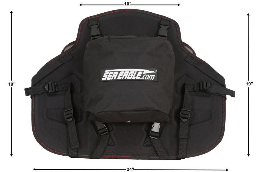 Black Sea Eagle Tall Back Kayak Seat with red stitching, removable storage bag, and adjustable straps.