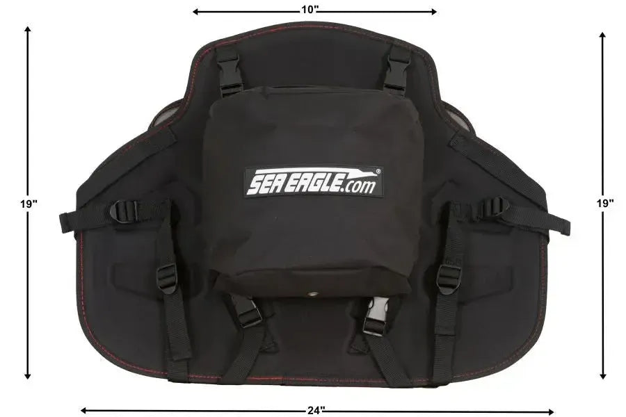 Black Sea Eagle Tall Back Kayak Seat with red stitching, removable storage bag, and adjustable straps.
