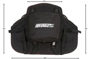 Black Sea Eagle Tall Back Kayak Seat with red stitching, removable storage bag, and adjustable straps.