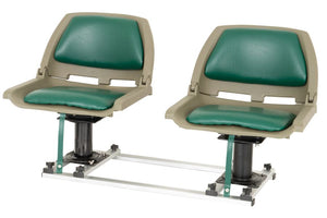 Two green and tan locking swivel boat seats with 7" pedestals on an aluminum frame.