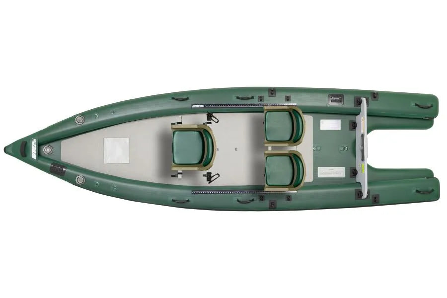 Overhead view of a green inflatable Sea Eagle FishSkiff16™ with two green locking swivel seats on 7" pedestals.