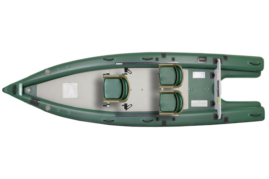Two green and tan locking swivel boat seats with 7" pedestals on an aluminum frame.