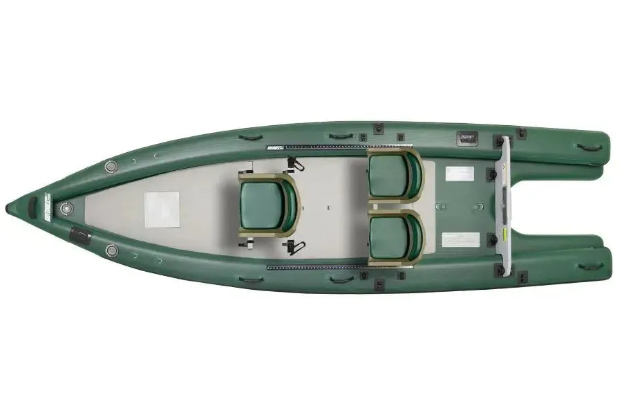 Two green and tan locking swivel boat seats with 7" pedestals on an aluminum frame.