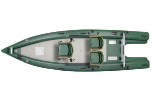 Overhead view of a green inflatable Sea Eagle FishSkiff16™ with two green locking swivel seats on 7" pedestals.