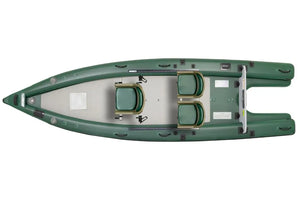 Overhead view of a green inflatable Sea Eagle FishSkiff16™ with two green locking swivel seats on 7" pedestals.