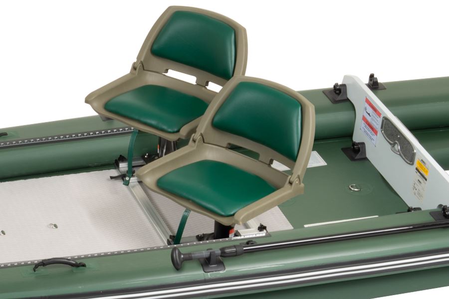 Two green locking swivel boat seats with 7" pedestals on an inflatable green boat.