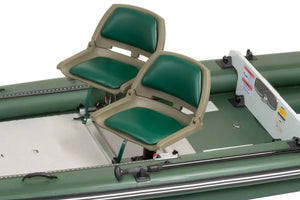 Two green locking swivel boat seats with 7" pedestals on an inflatable green boat.