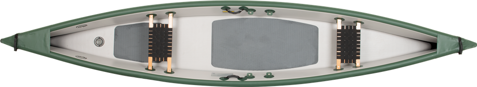 Top-down view of a green and white Sea Eagle TC16 inflatable canoe with two seats and gray deck pads.