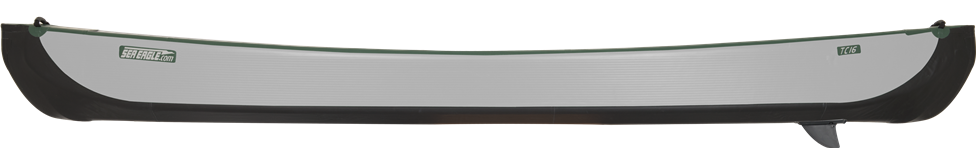 Gray and black Sea Eagle TC16 inflatable canoe with green trim and a fin, isolated.