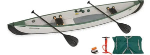 Green and white Sea Eagle TC16 inflatable canoe with two paddles, pump, and storage bag.