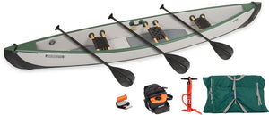 Sea Eagle TC16 inflatable canoe, gray and green, with three paddles, pump, and carry bag.