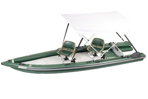 Green inflatable boat with two olive seats and a white sun and rain canopy.