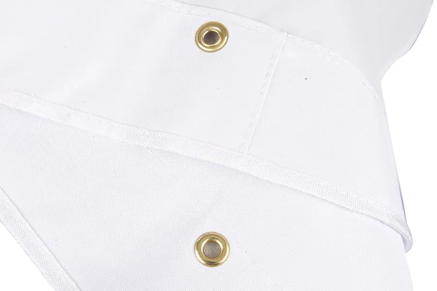 Close-up of white PVC-coated polyester canopy with two brass grommets for solar panel attachment.