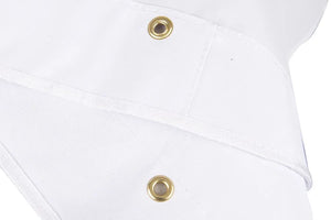 Close-up of white PVC-coated polyester canopy with two brass grommets for solar panel attachment.