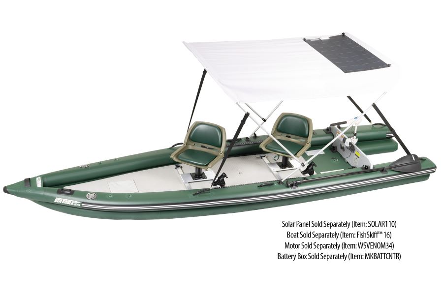 White Sea Eagle Wide Sun &amp; Rain Solar 110 Canopy on a green inflatable boat with a solar panel.
