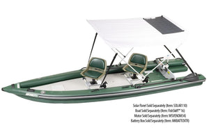 White Sea Eagle Wide Sun & Rain Solar 110 Canopy on a green inflatable boat with a solar panel.