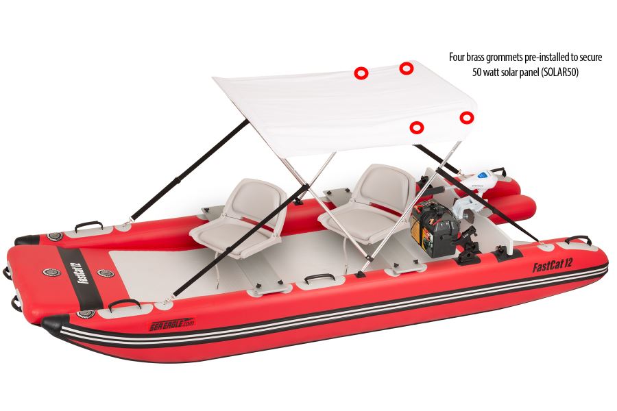 White Sea Eagle Wide Sun &amp; Rain Solar 50 Canopy on a red FastCat boat with two seats.