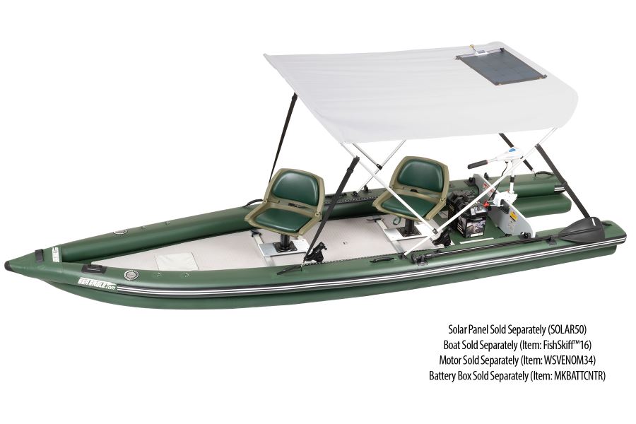 White Sea Eagle Wide Sun &amp; Rain Solar 50 Canopy on a green inflatable boat with two seats.