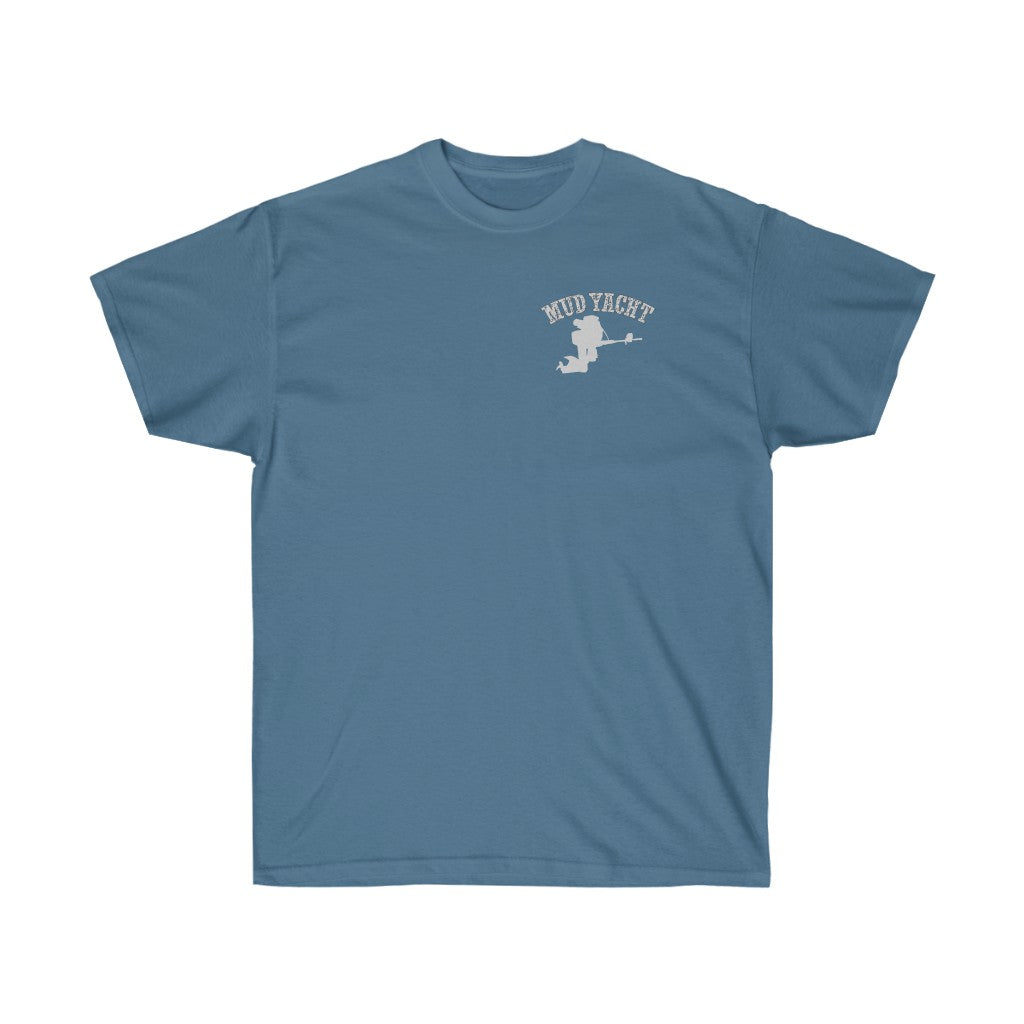Classic fit ultra cotton tee in blue with a white "Mud Yacht" graphic on the left chest.