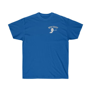 Blue cotton tee with "MUD YACHT" text and a person on a mud boat graphic.
