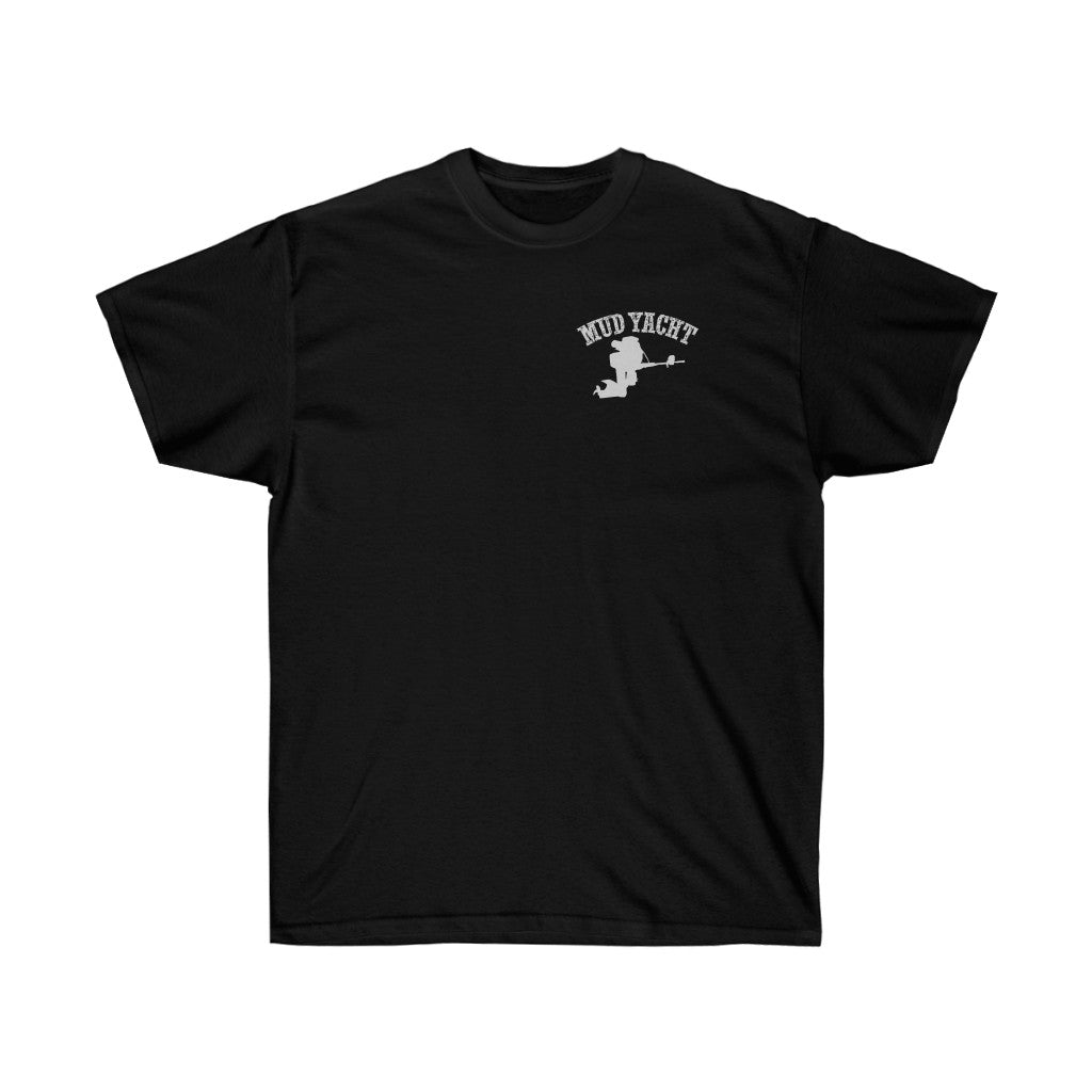 Black ultra cotton tee with "MUD YACHT" text and a mud boat graphic in white.