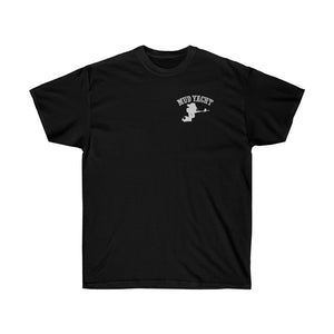 Black ultra cotton tee with "MUD YACHT" text and a mud boat graphic in white.