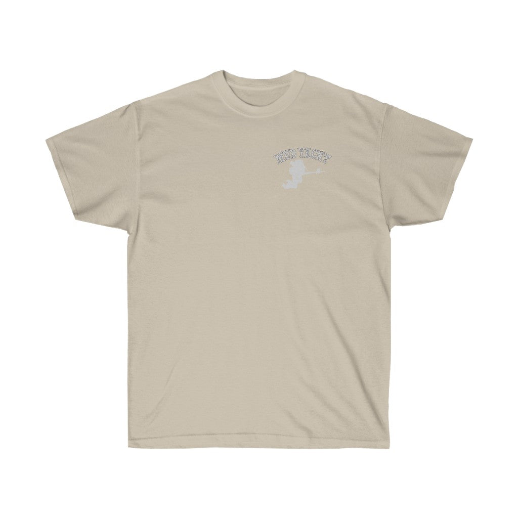 Tan ultra cotton tee with a small "MUD YACHT" graphic and boat design on the left chest.