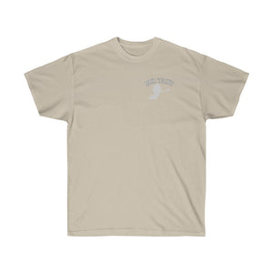 Tan ultra cotton tee with a small "MUD YACHT" graphic and boat design on the left chest.