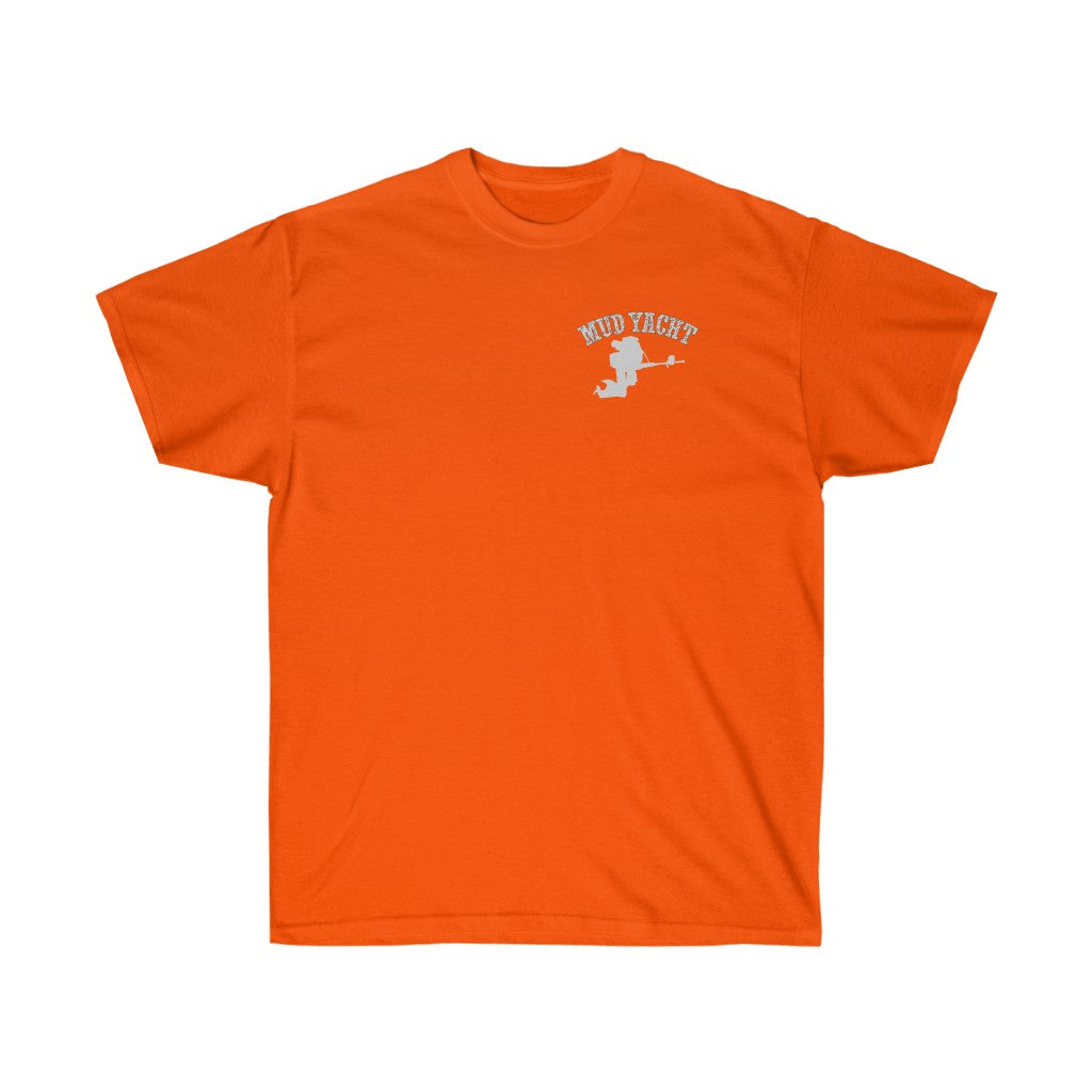 Orange ultra cotton tee with a white "MUD YACHT" graphic and boat design on the chest.