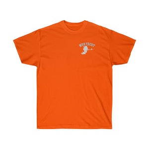 Orange ultra cotton tee with a white "MUD YACHT" graphic and boat design on the chest.